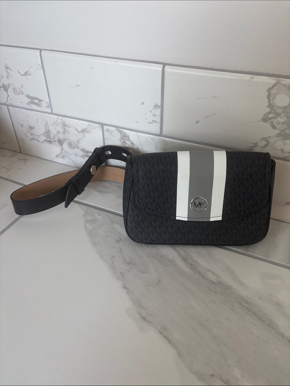 Michael Kors Women's Logo Belt Bag with Strip & Silver Emblem